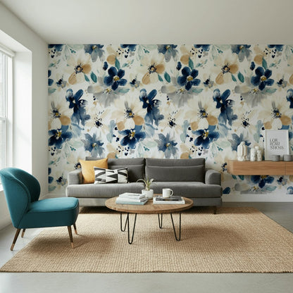 Ivory and Navy Bold Floral Pattern Wallpaper