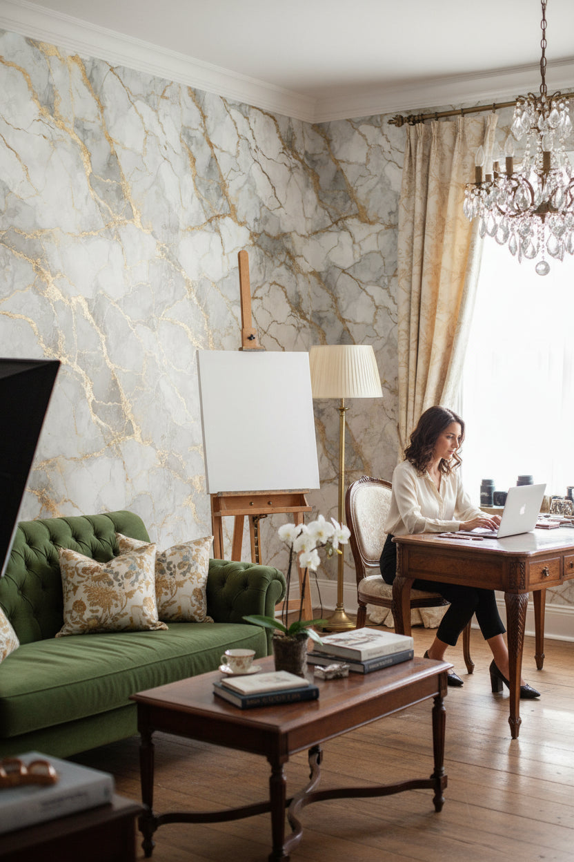 White and Gold Look Marble Effect Luxury Wallpaper