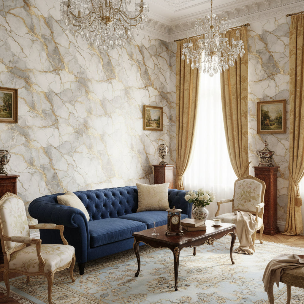 White and Gold Look Marble Effect Luxury Wallpaper