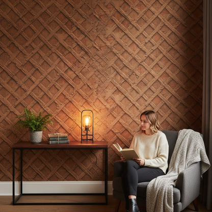 Rustic Brown Textured Lattice Brick Wallpaper