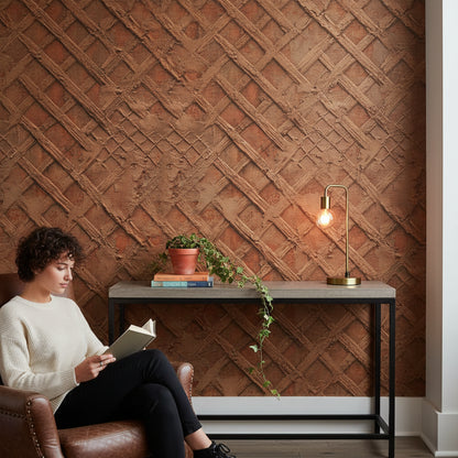 Rustic Brown Textured Lattice Brick Wallpaper