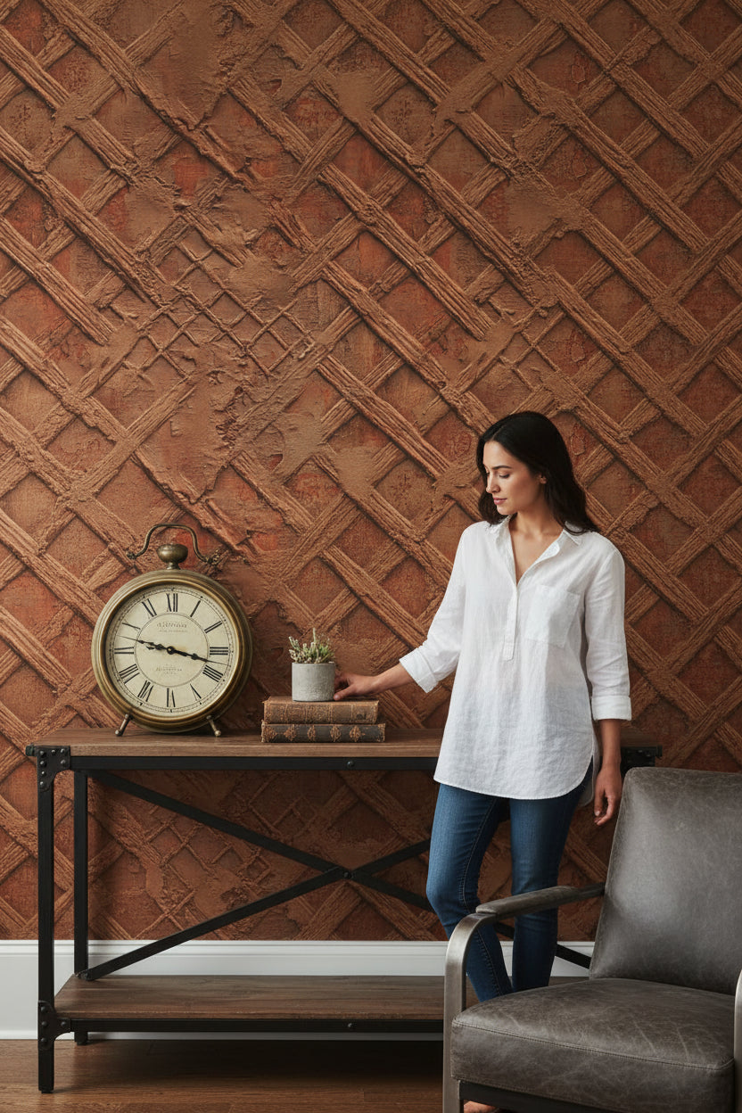 Rustic Brown Textured Lattice Brick Wallpaper