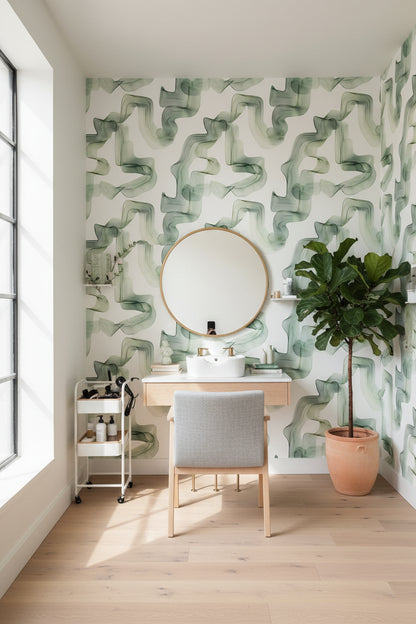 White and Green Abstract Flow Wallpaper