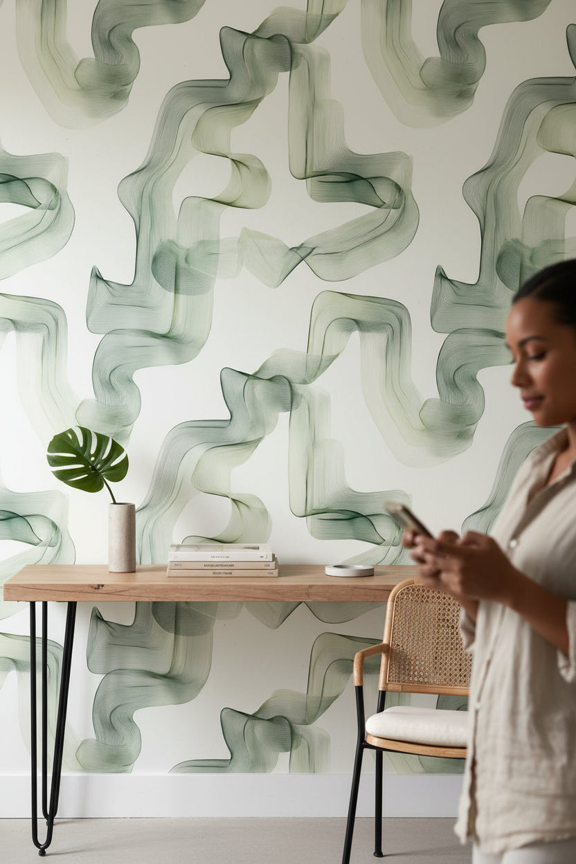 White and Green Abstract Flow Wallpaper