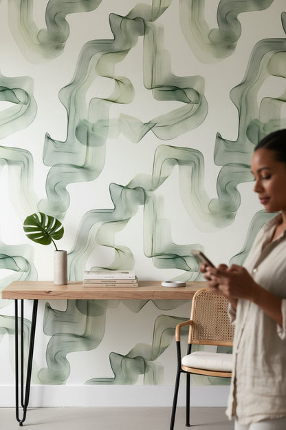 White and Green Abstract Flow Wallpaper