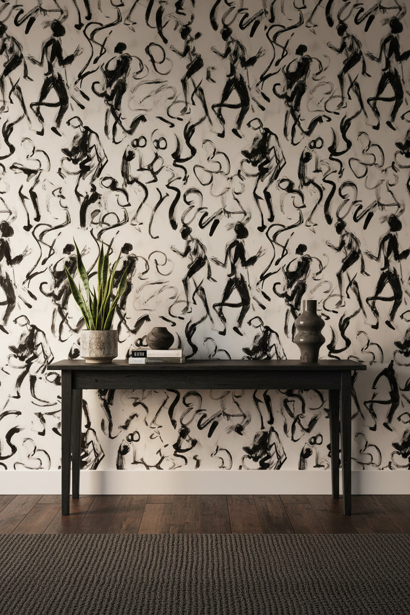 Abstract Figures Wallpaper Black Brushstroke Wall Mural