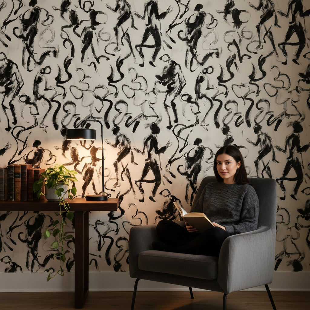 Abstract Figures Wallpaper Black Brushstroke Wall Mural
