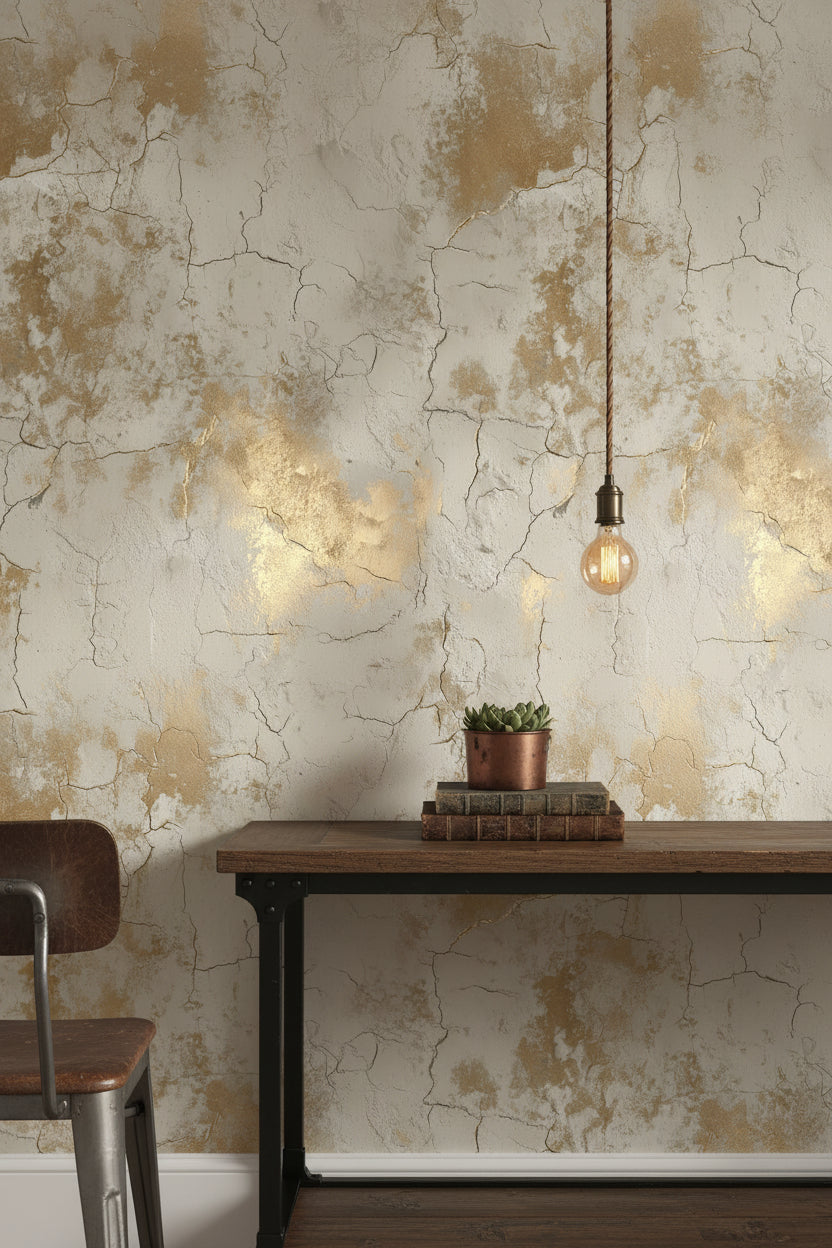 Cream and Gold Look Crackle Abstract Wallpaper
