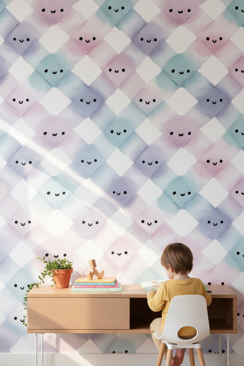 Pastel Argyle Wallpaper Playful Smiley Wall Mural
