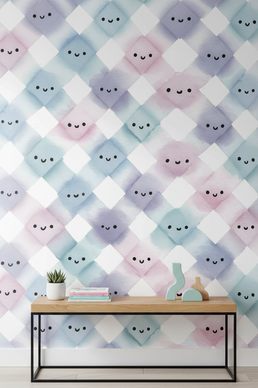 Pastel Argyle Wallpaper Playful Smiley Wall Mural