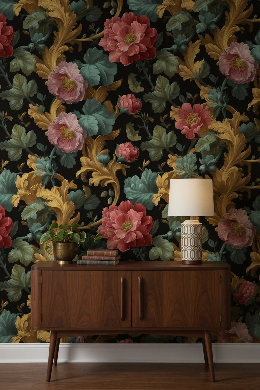 Muted Green Wallpaper Vintage Floral Wall Mural