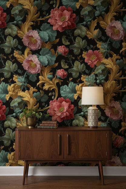Dark Black Floral Extravaganza Wallpaper
