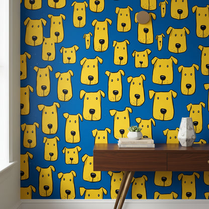 Bright Blue and Yellow Dog Pattern Wallpaper
