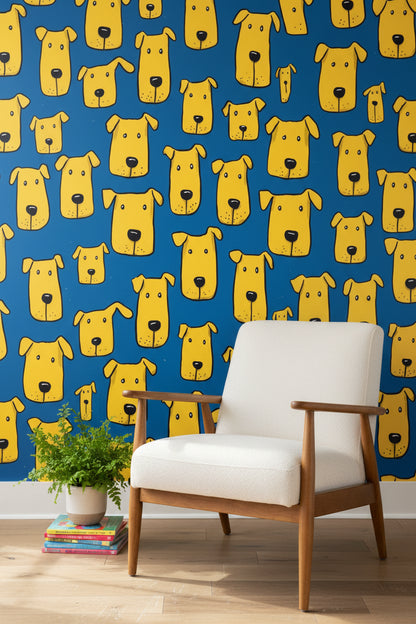 Bright Blue and Yellow Dog Pattern Wallpaper