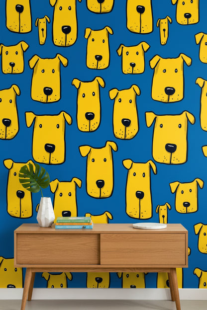 Bright Blue and Yellow Dog Pattern Wallpaper