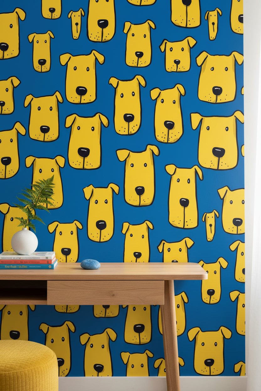Bright Blue and Yellow Dog Pattern Wallpaper