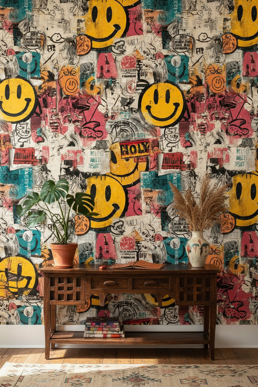 Vibrant Multicolor Graffiti Smiley Wallpaper