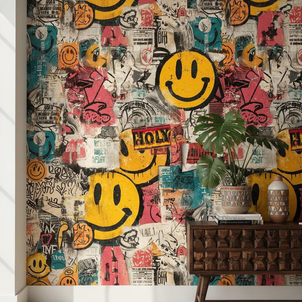 Graffiti Wallpaper Smiley Face Urban Removable Wall Decor