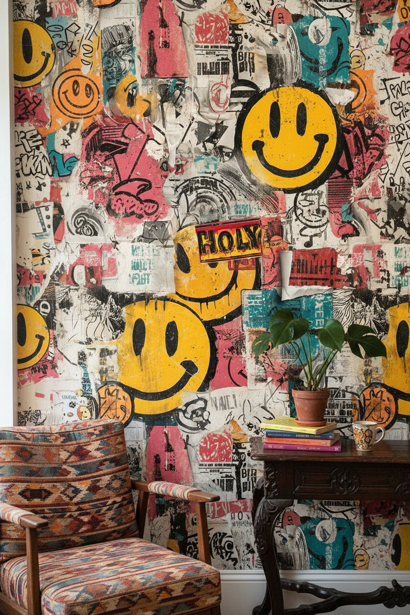 Graffiti Wallpaper Smiley Face Urban Removable Wall Decor