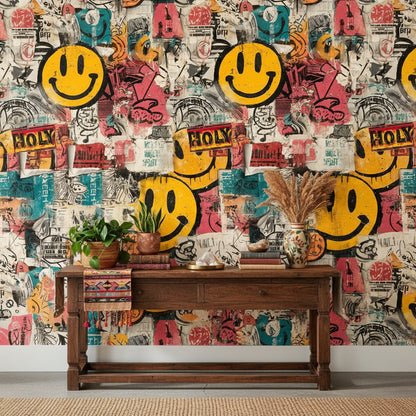 Vibrant Multicolor Graffiti Smiley Wallpaper