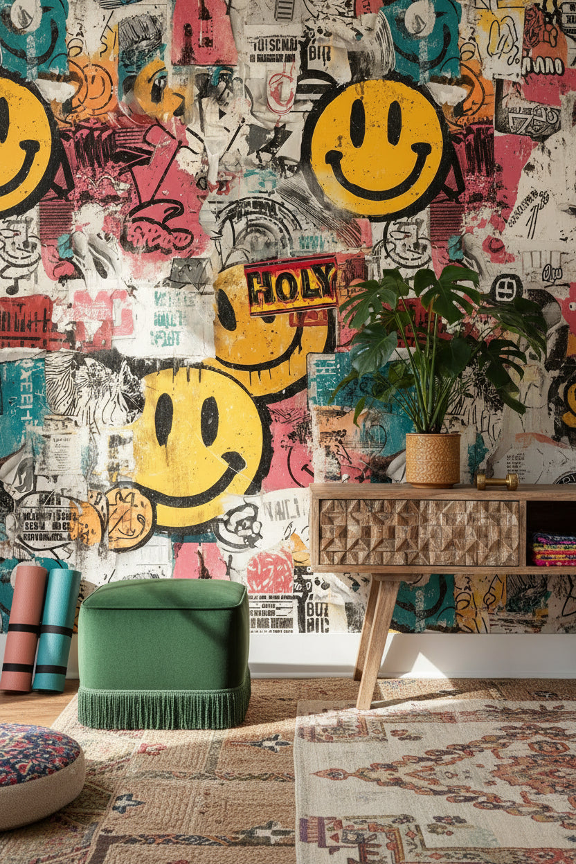 Vibrant Multicolor Graffiti Smiley Wallpaper