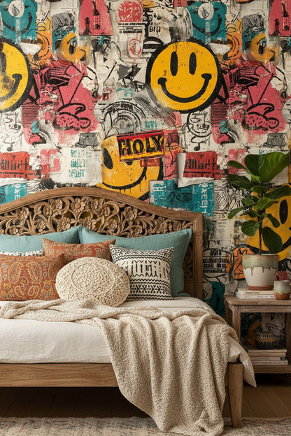 Vibrant Multicolor Graffiti Smiley Wallpaper
