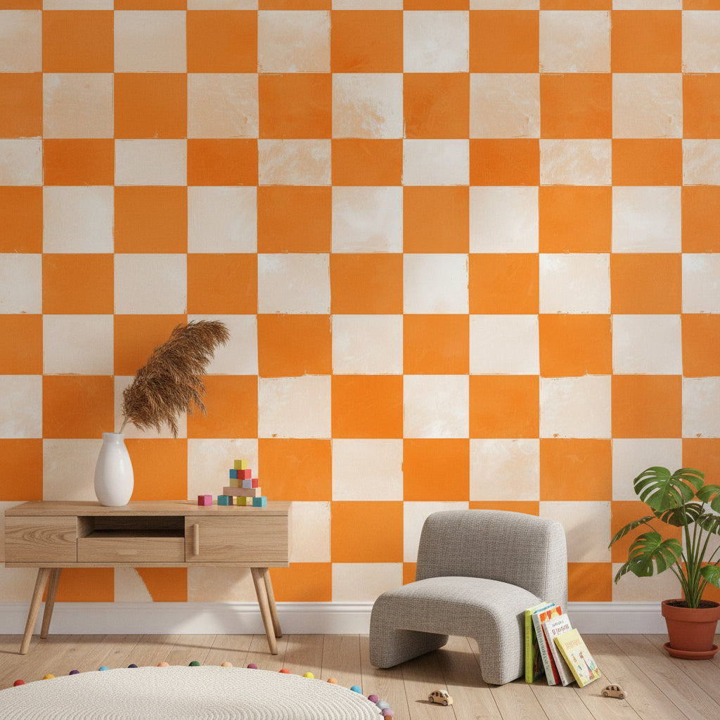 Vibrant Orange Checkered Pattern Wallpaper