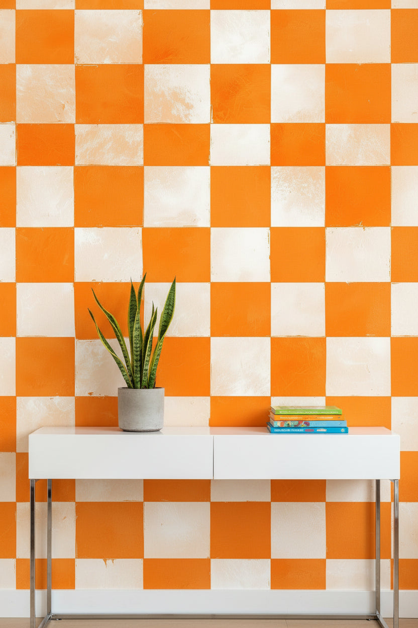 Checkered Wallpaper Orange Geometric Removable Wall Decor