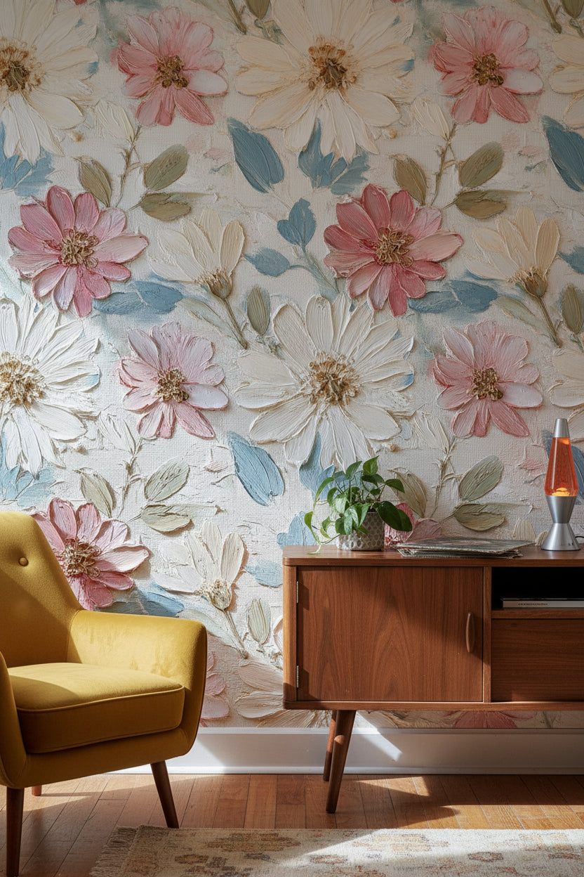 Pastel Pink and White Floral Textured Wallpaper