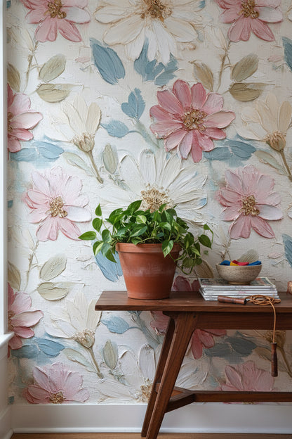 Pastel Pink and White Floral Textured Wallpaper
