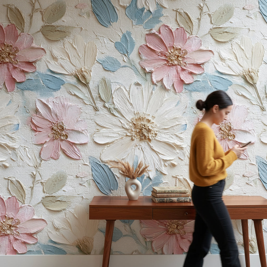 Pastel Pink and White Floral Textured Wallpaper
