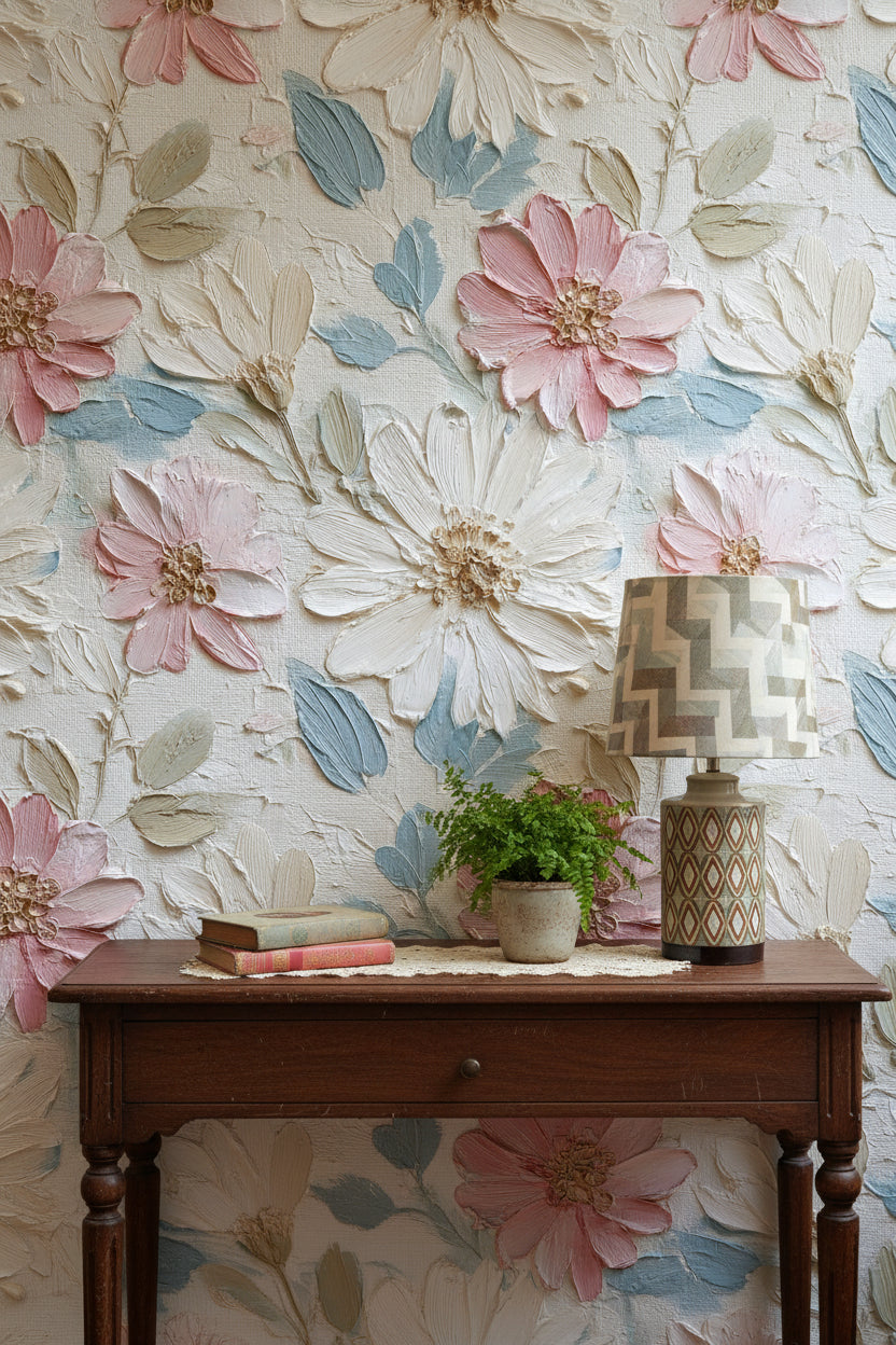 Pastel Pink and White Floral Textured Wallpaper