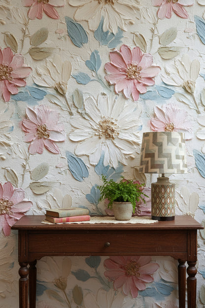 Pastel Pink and White Floral Textured Wallpaper