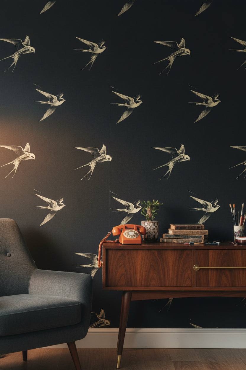 Birds Vintage Wallpaper Dark Elegant Wall Mural