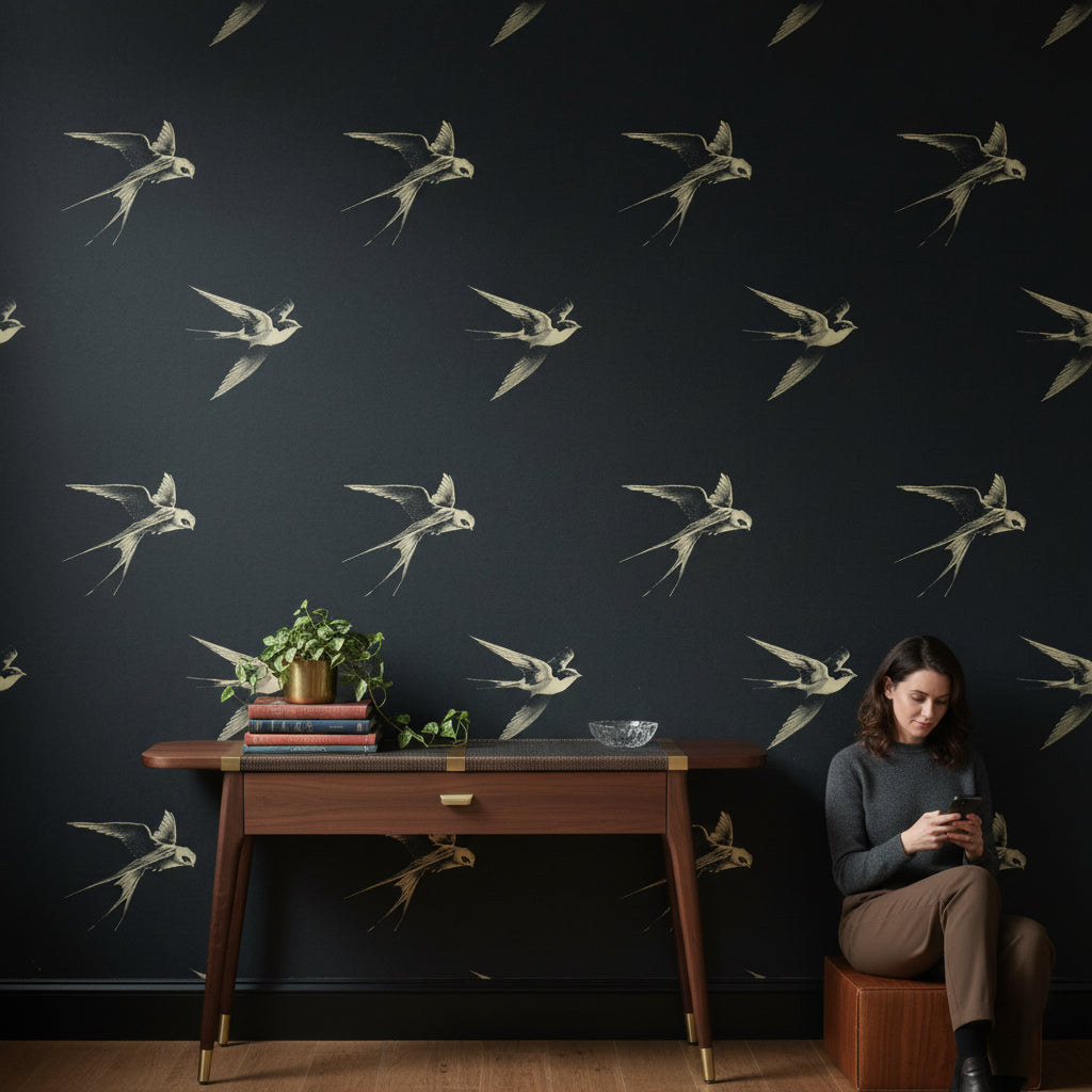 Birds Vintage Wallpaper Dark Elegant Wall Mural