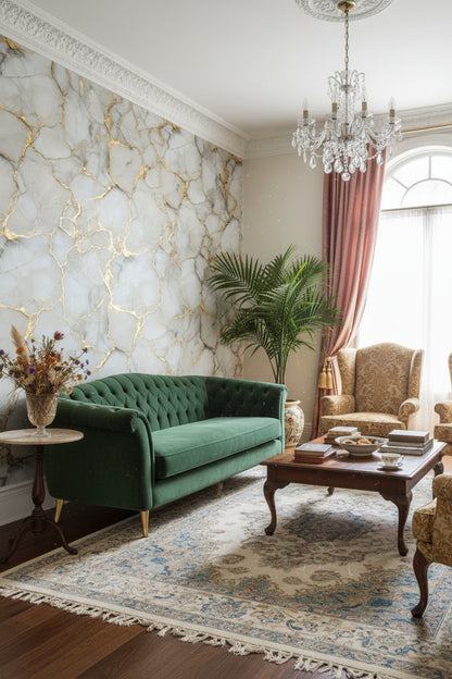 Gray and Gold Look Veined Marble Effect Wallpaper