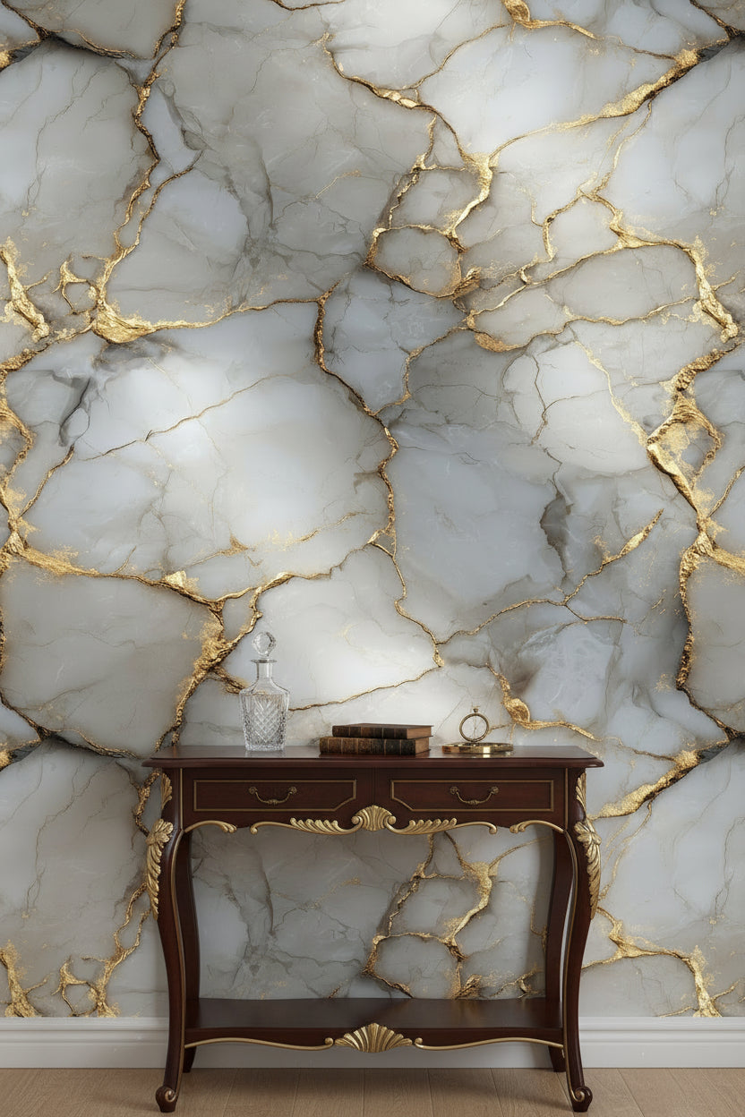 Gray and Gold Look Veined Marble Effect Wallpaper