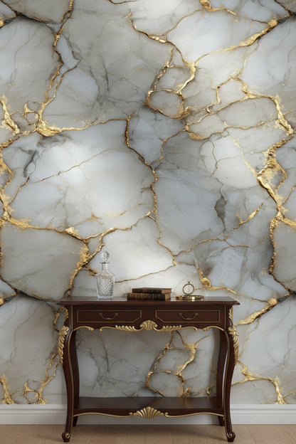 Gray and Gold Look Veined Marble Effect Wallpaper