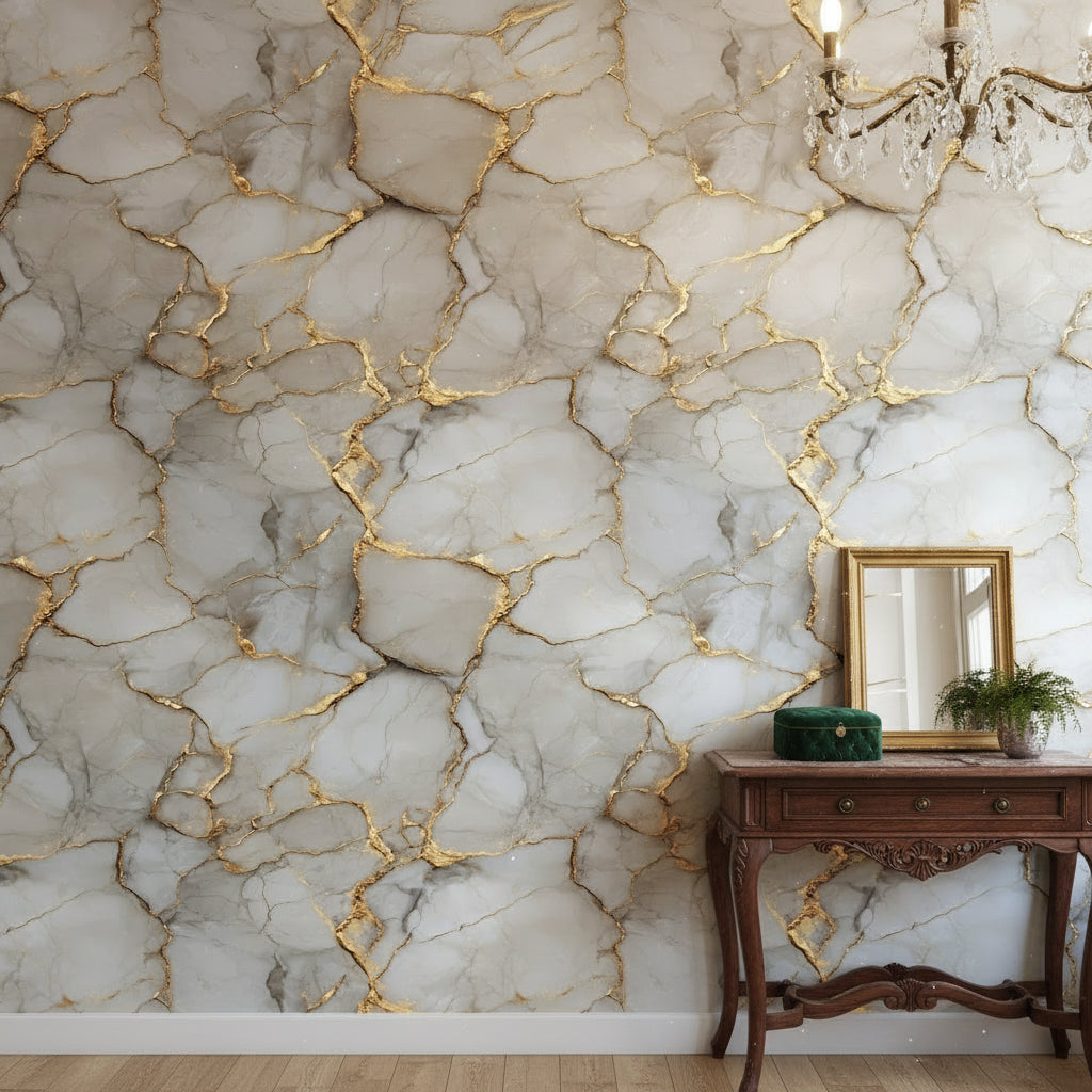 Gray and Gold Look Veined Marble Effect Wallpaper