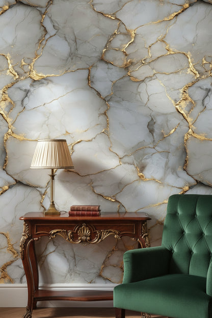 Gray and Gold Look Veined Marble Effect Wallpaper