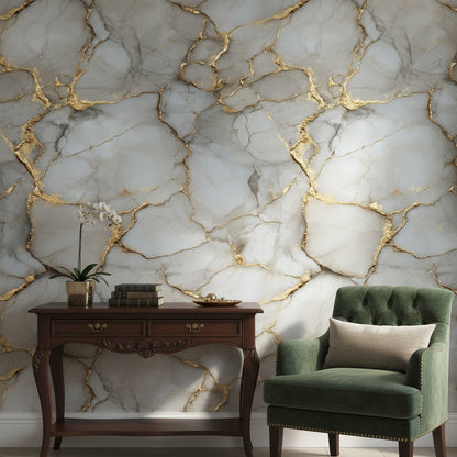 Gray and Gold Look Veined Marble Effect Wallpaper