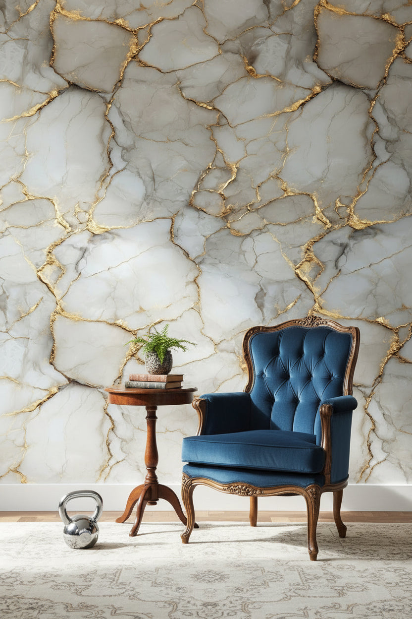 Gray and Gold Look Veined Marble Effect Wallpaper