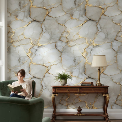 Gray and Gold Look Veined Marble Effect Wallpaper
