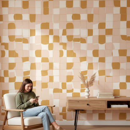 Soft Beige and Gold Look Abstract Checkered Wallpaper