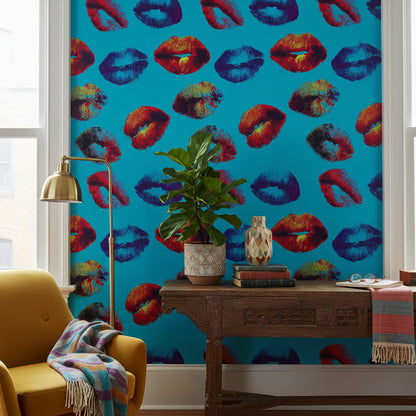 Vibrant Blue Pop-Art Lips Wallpaper