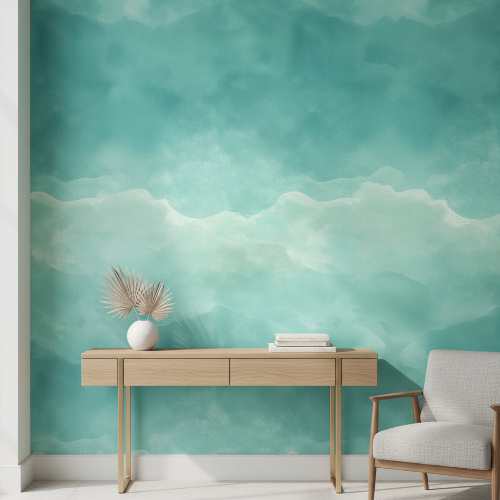 Abstract Wallpaper Teal Watercolor Wall Mural