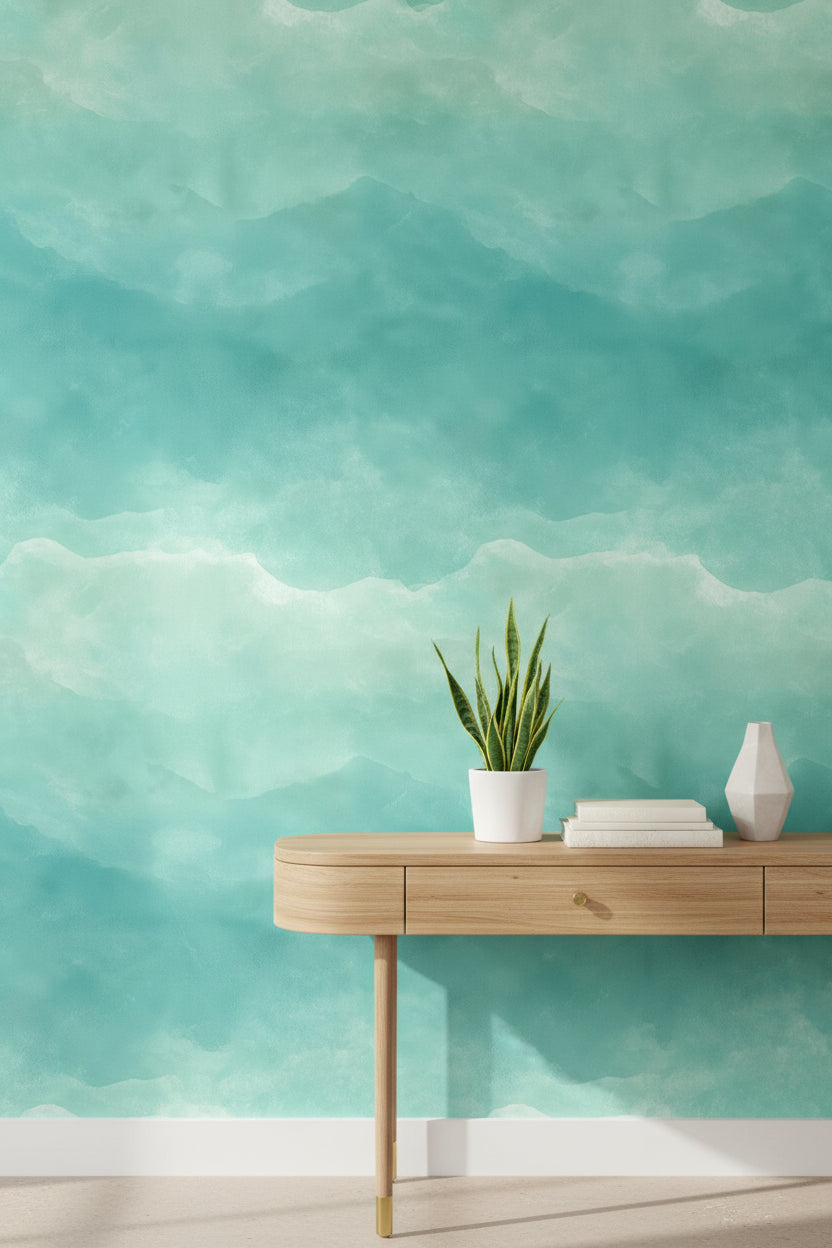 Abstract Wallpaper Teal Watercolor Wall Mural