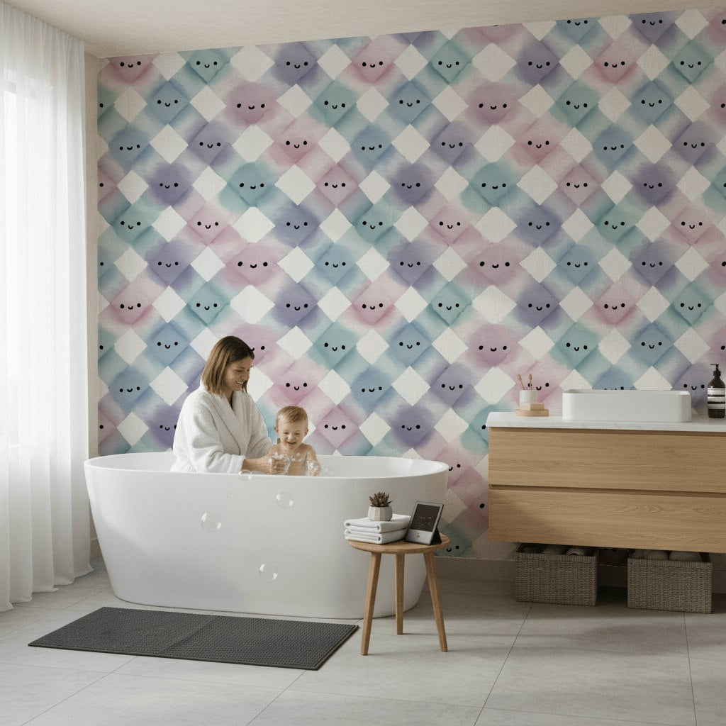 Pastel Argyle Wallpaper Playful Smiley Wall Mural
