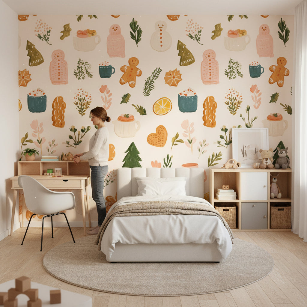 Cream Festive Treats and Foliage Wallpaper