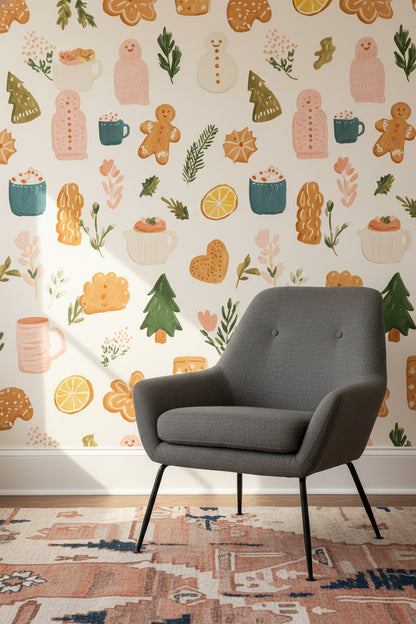 Cream Festive Treats and Foliage Wallpaper
